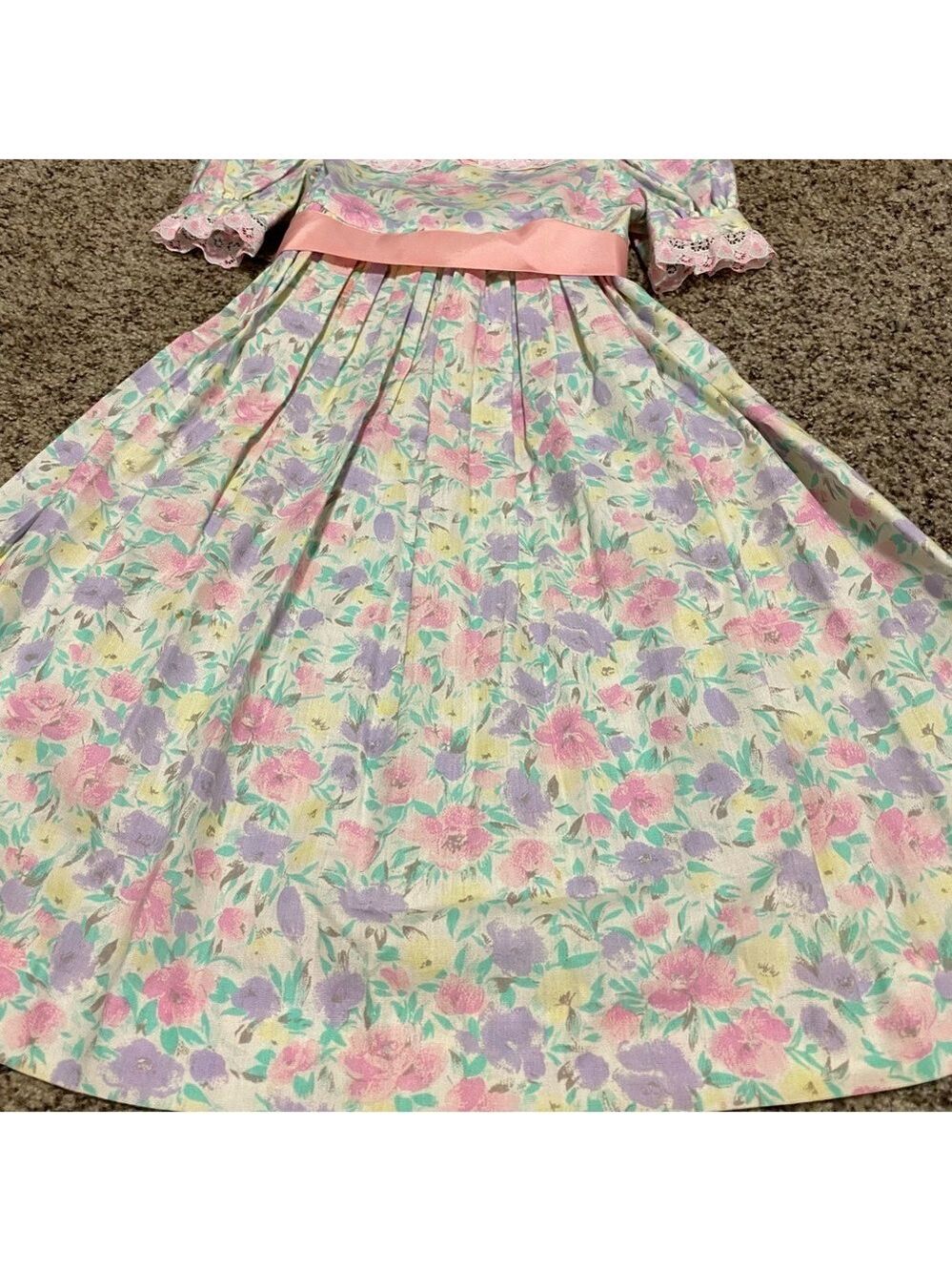 Vintage Little Girl Cotton Dress 80s 90s Floral Pink Purple Ribbon Tie - Picture 4 of 9